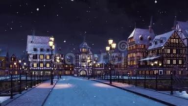 冬天的<strong>雪夜</strong>里空荡荡的中世纪小镇